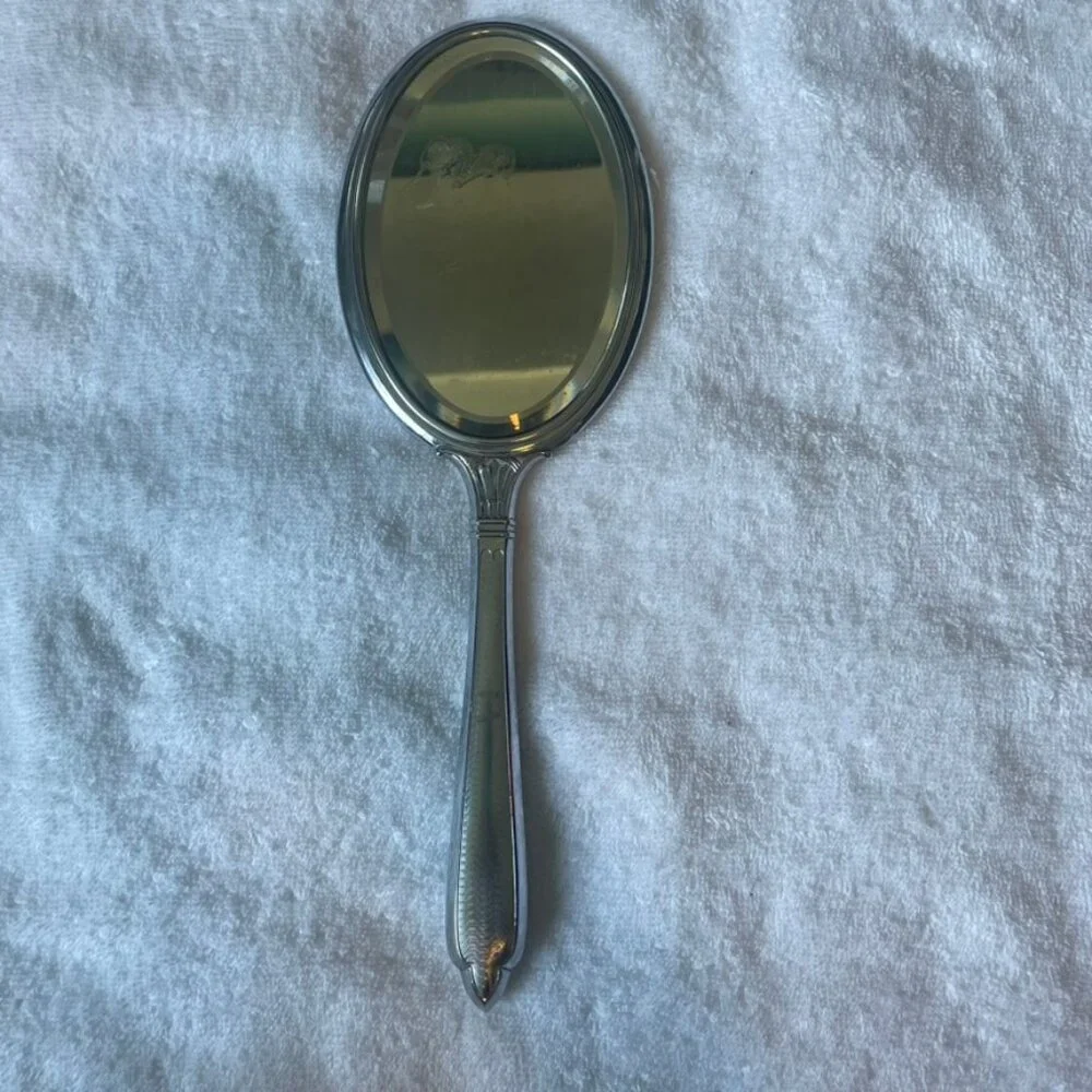 Vintage Art Deco Handheld Vanity Mirror Black & Silver with Letter 
